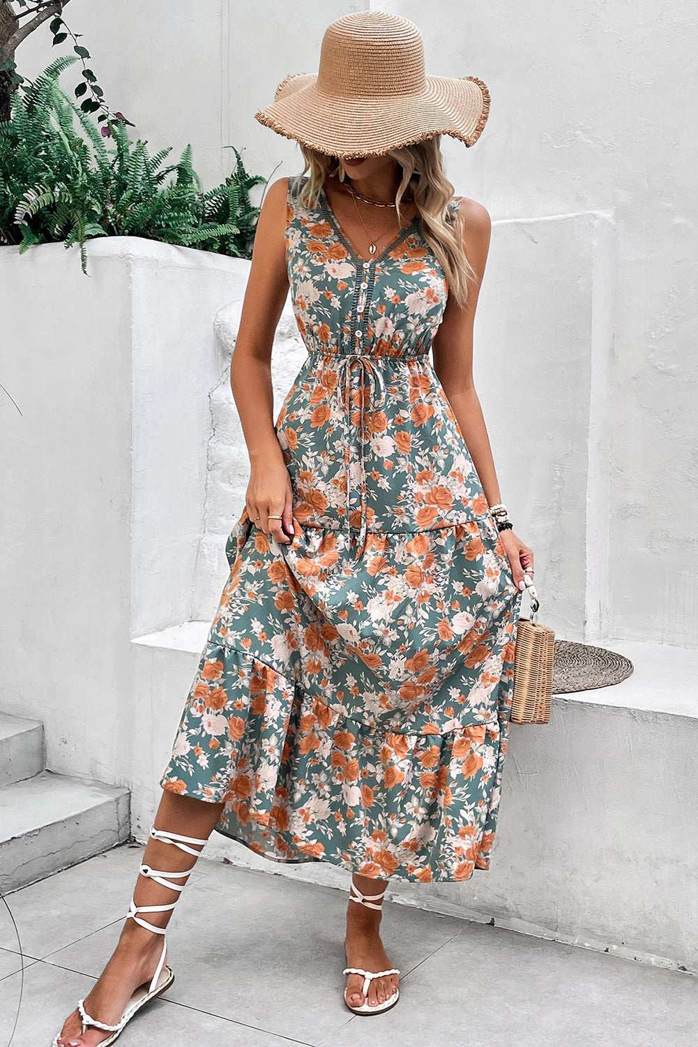 Green Floral Print Trimmed V Neck Sleeveless Vacation Dress 520956ddad3f4205-_4