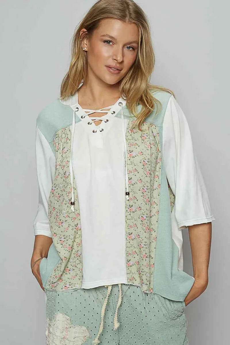 POL Lace-Up Hooded T-Shirt with Paisley Panel Detail Light Green 521697a5-7904-491d-a3fd-ae6c37660189-Max-Origin