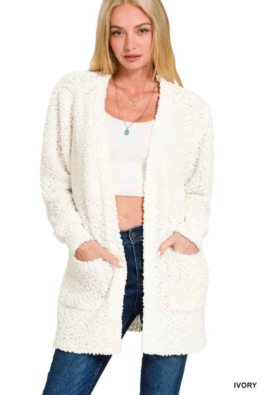 Zenana Long Sleeve Popcorn Sweater Cardigan with Pockets IVORY 52170601b7474230b1837c30cfe803a2-Max-Origin