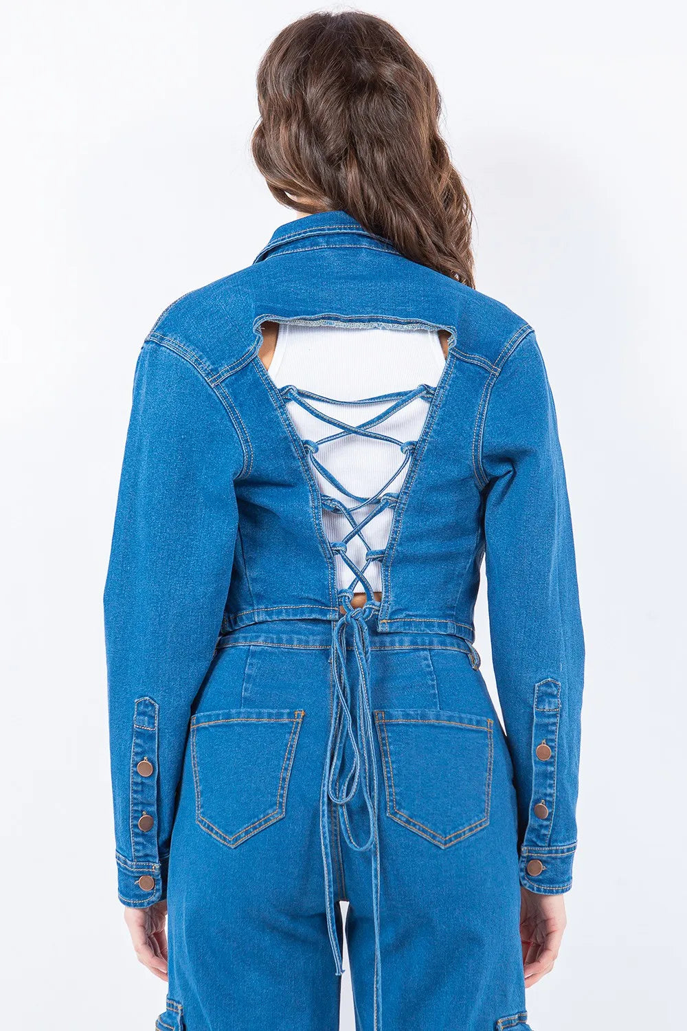 American Bazi Laced Back Cropped Denim Jacket 52180d70-b0ee-4f2d-9faf-e5bdf3a5243d-Max