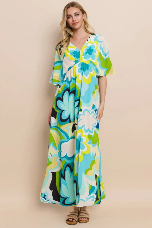 ODDI Floral Printed Slit Maxi Dress Blue Yellow 521e2632-3821-4dd6-bed6-9353bfc53f4b-Max