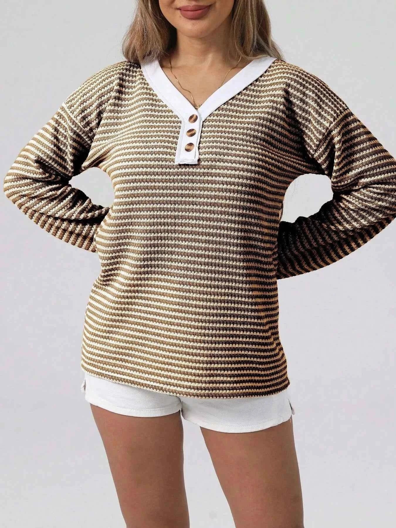 Striped Button Detail Long Sleeve Top Coffee Brown 522318a5808a4bc3a8b9ed8b7380d491-Max-Origin