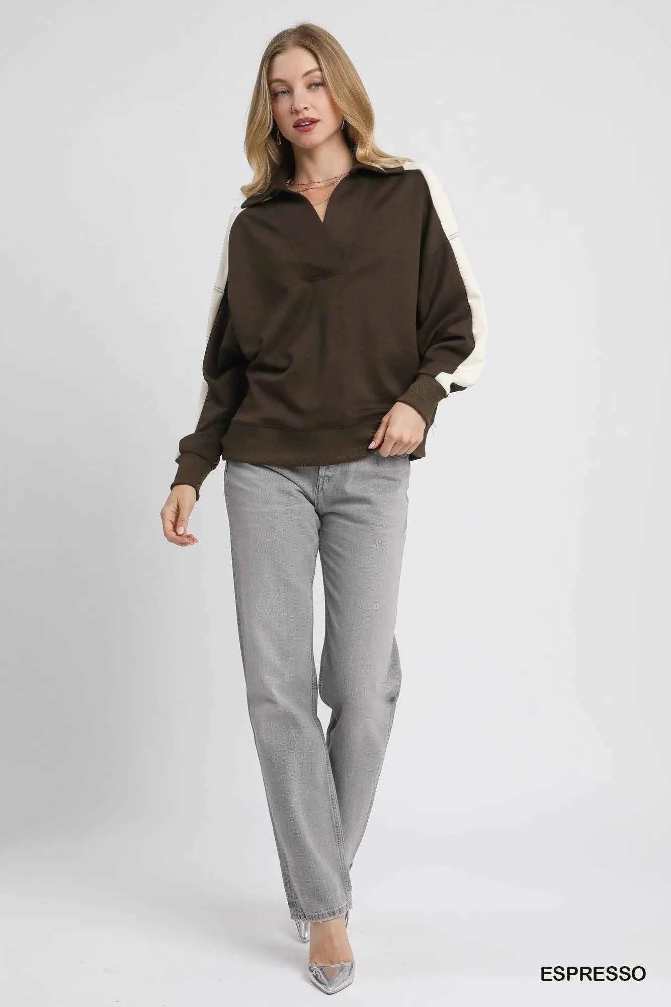 Umgee Color Block Polo Sweatshirt 52234c77-281f-4ee8-a8c3-dbe7307f5134-Max-Origin