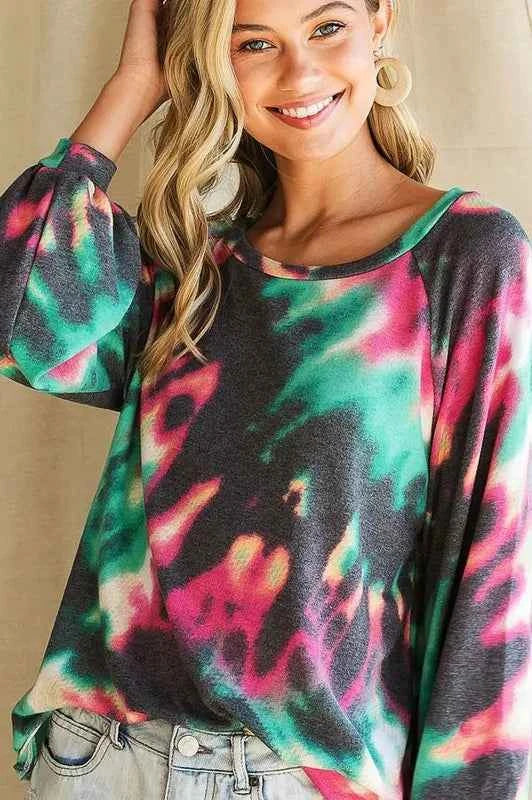 Tie Dye Print Terry Top with Puff Sleeves 52234ee737ce44f0a46867440f54c80c-Max-Origin