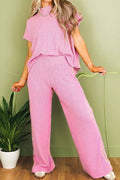 Pink Textured Knit High Neck Loose Tee Elastic Waist Loose Pant Set Pink 65%Cotton+35%Polyester 5229a4a109dab146