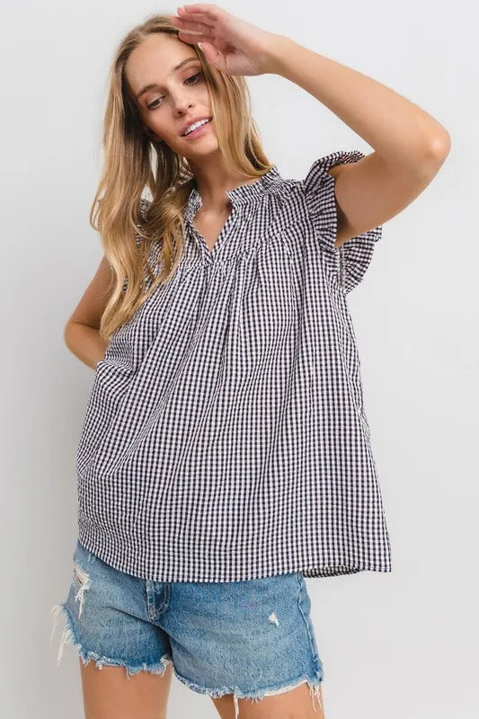 Ces Femme Plaid Notched Ruffled Cap Sleeve Blouse 522b1bf0-b1ce-453e-9f30-6ed4ec349c6a-Max