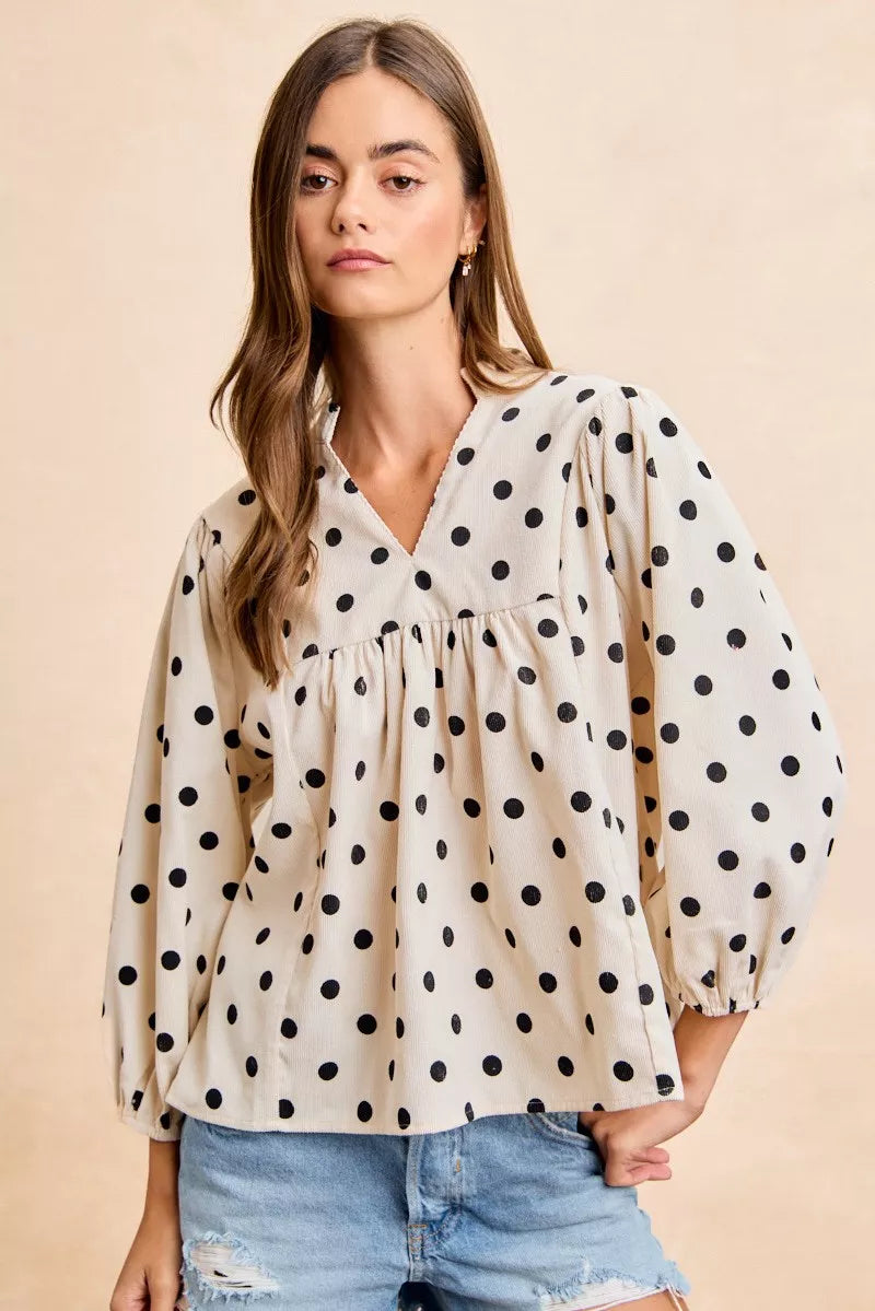 BiBi Polka Dot Corduroy Quarter Sleeves V Neck Blouse 522bb7697d7a4fb5861e33f9bca90687-Max-Origin