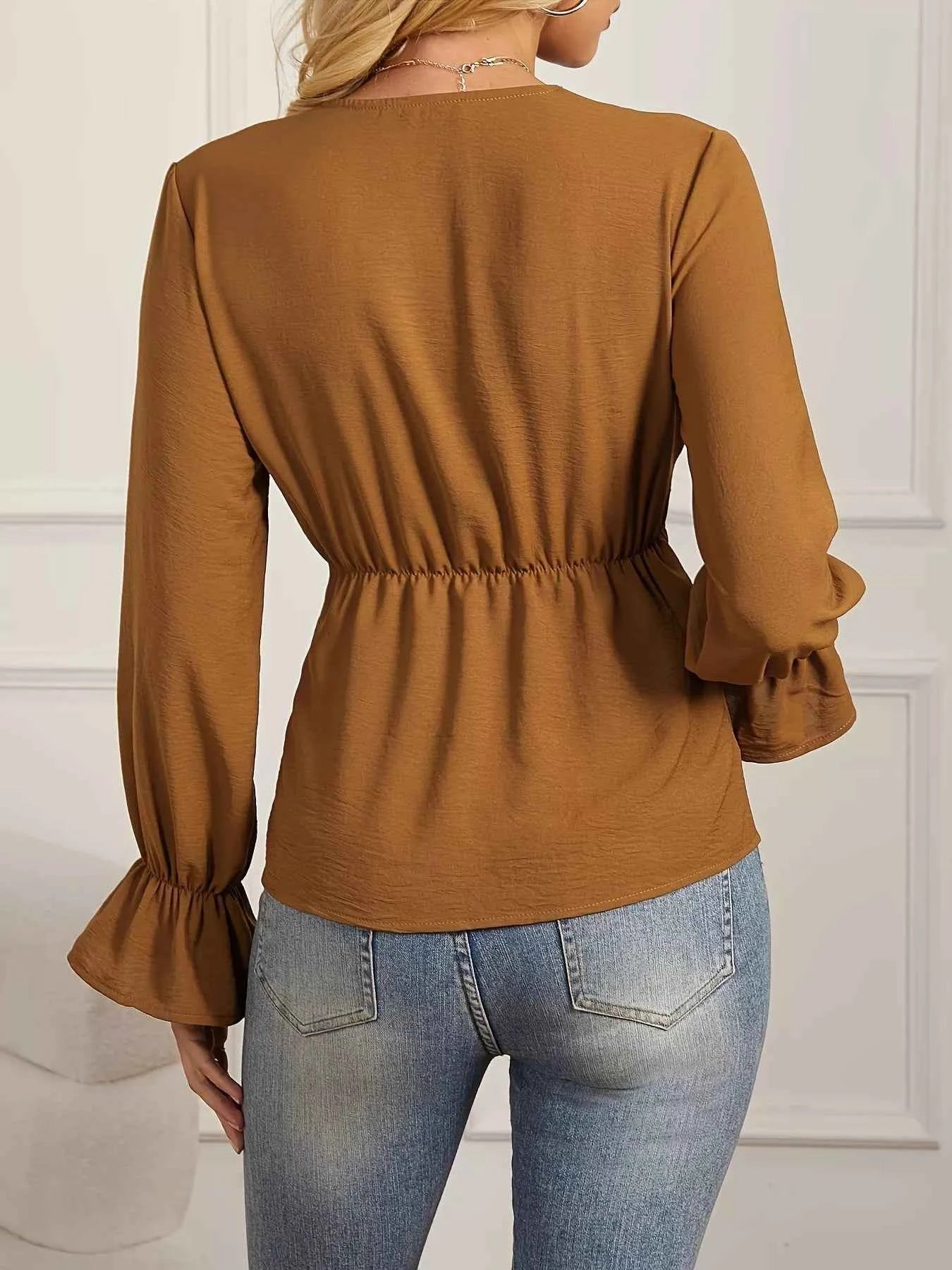 Knot Front Long Sleeve Blouse 522dab49dcdd4e3180b352a0d9a899f2-Max-Origin