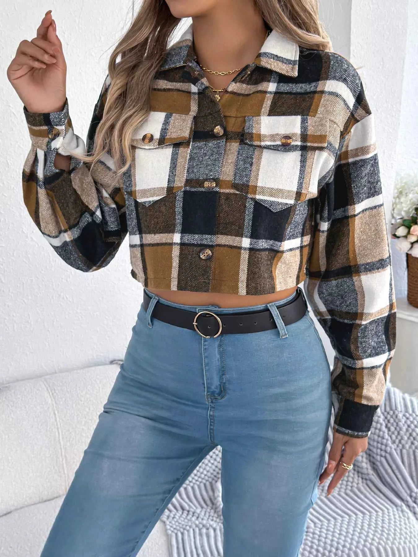 Plaid Button Up Cropped Jacket Khaki 52300521ddd7479597358040dff15e37-Max-Origin
