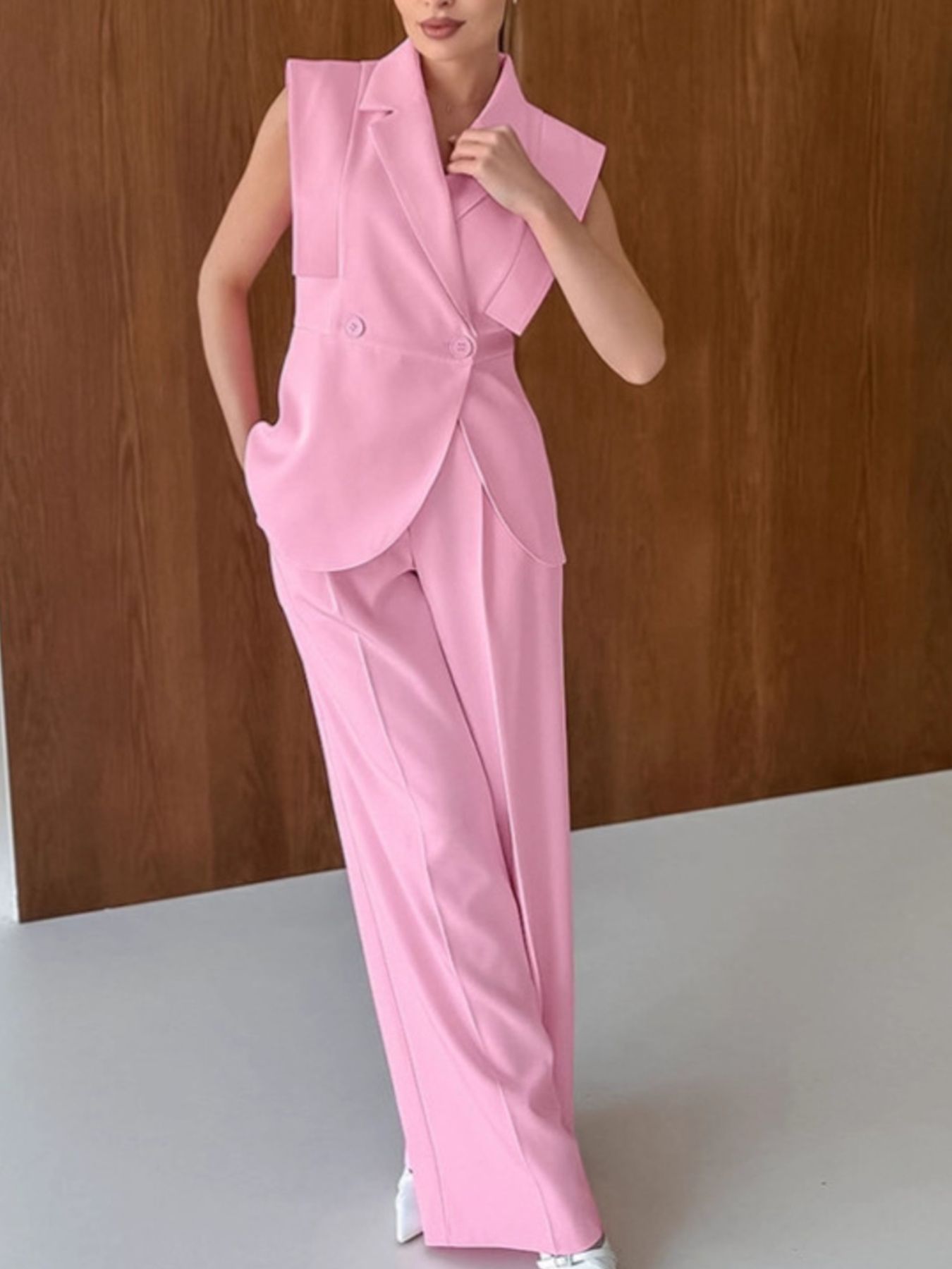 Sleeveless Blazer & Wide Leg Pants Set Pink 523257c5-a529-486e-8c4b-5bea1890a38d-Max