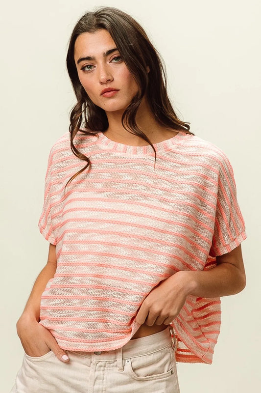 Braid Striped Short Sleeve Round Neck T-Shirt 5233ff00-5ca1-49e5-b73f-26c890989199-Max