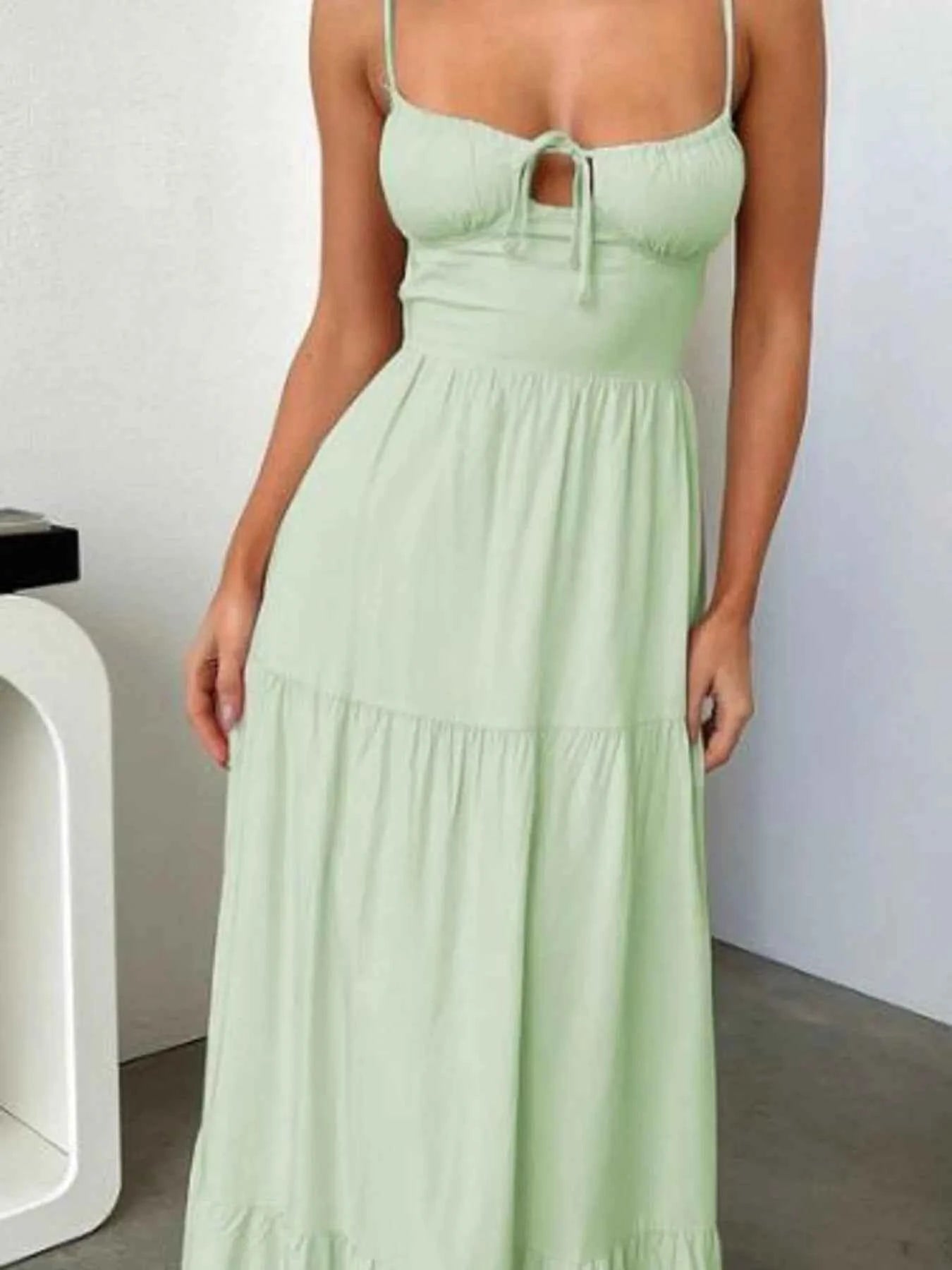 Tiered Lace Up Spaghetti Straps Maxi Dress Fruit Green 52346abd-7cd0-455f-8663-2beb66a8c248-Max-Origin