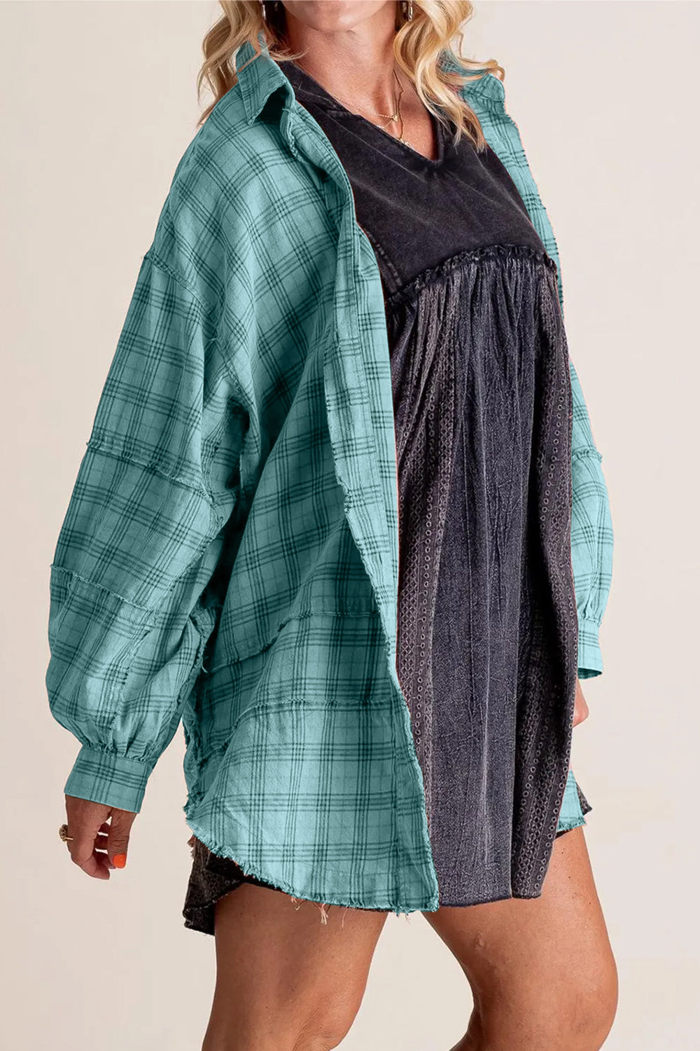 Exposed Seam Plaid Collared Neck Long Sleeve Shirt