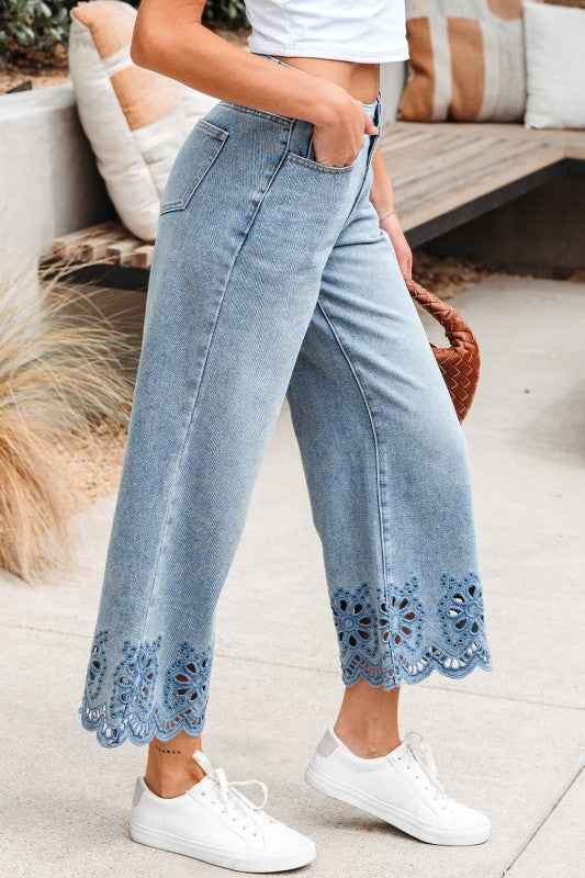 Solid Denim Embroidered Wide Leg Jeans 523be8c4-3cfd-48a2-a52f-758ca1be04b9