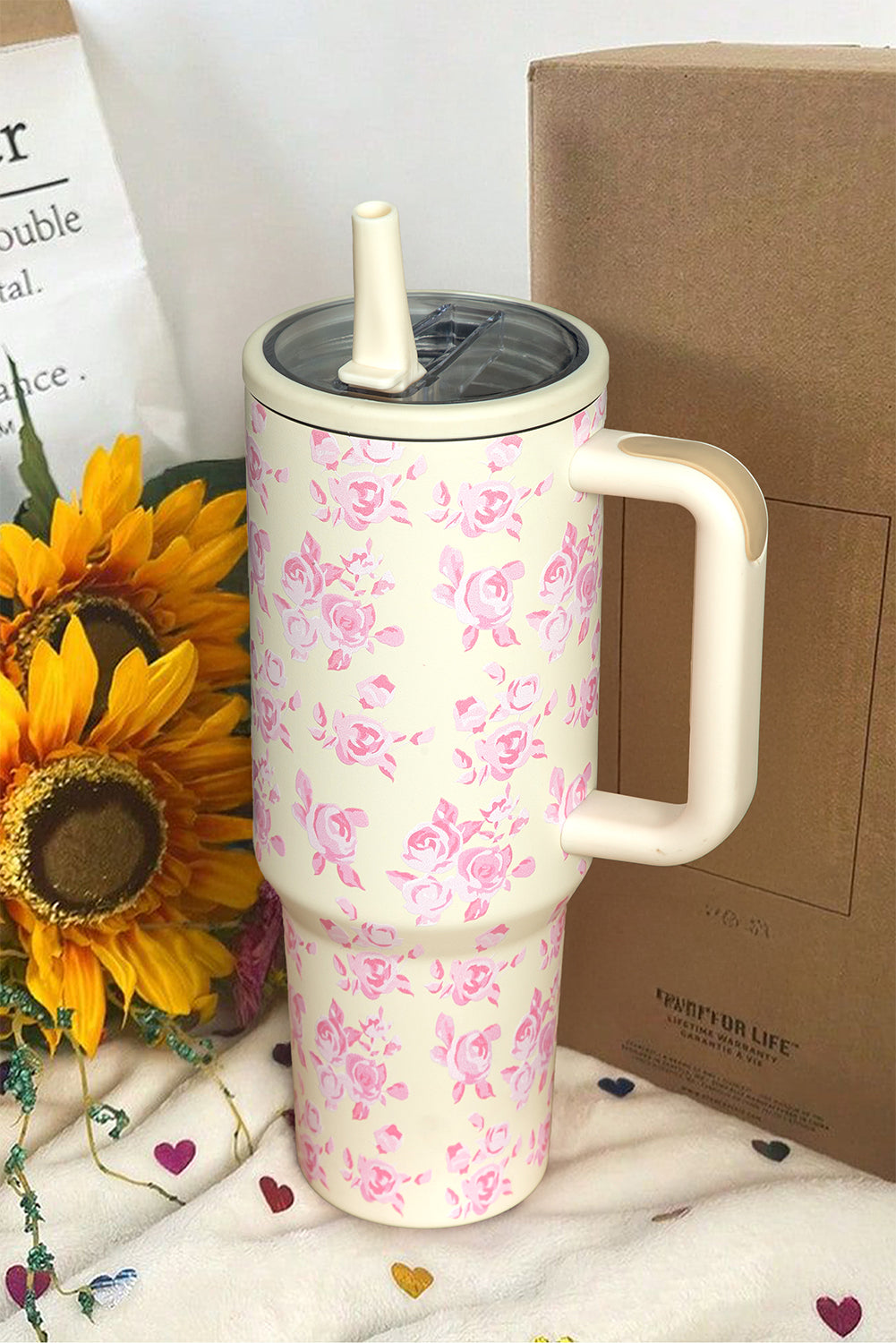 White Flower Print Handle Insulated Large Tumbler 523c5d5e3b93d21b