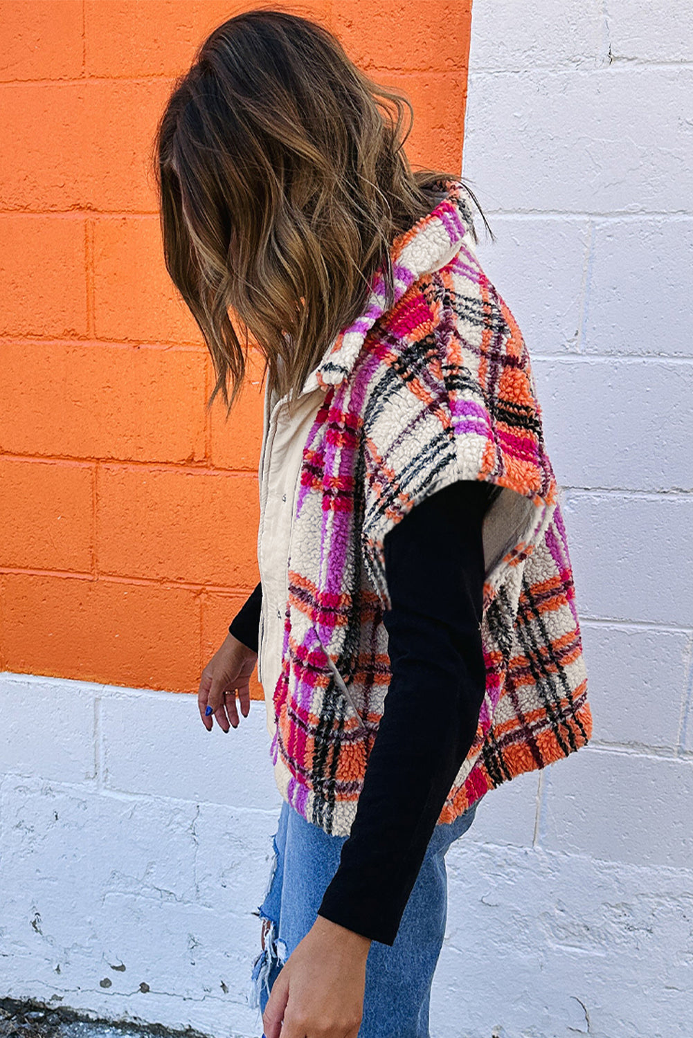 Rose Sherpa Plaid Collared Jacket Vest 5241b6a8865a7950