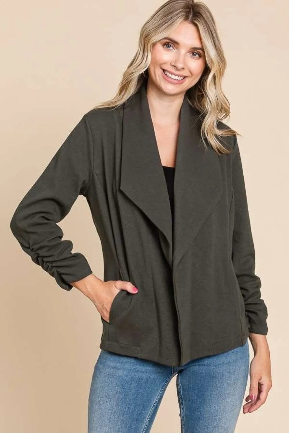 Culture Code Full Size Ruched Open Front Long Sleeve Jacket 5241bcc3-56e9-4b9d-b9ab-e0f6ba041a5d-Max