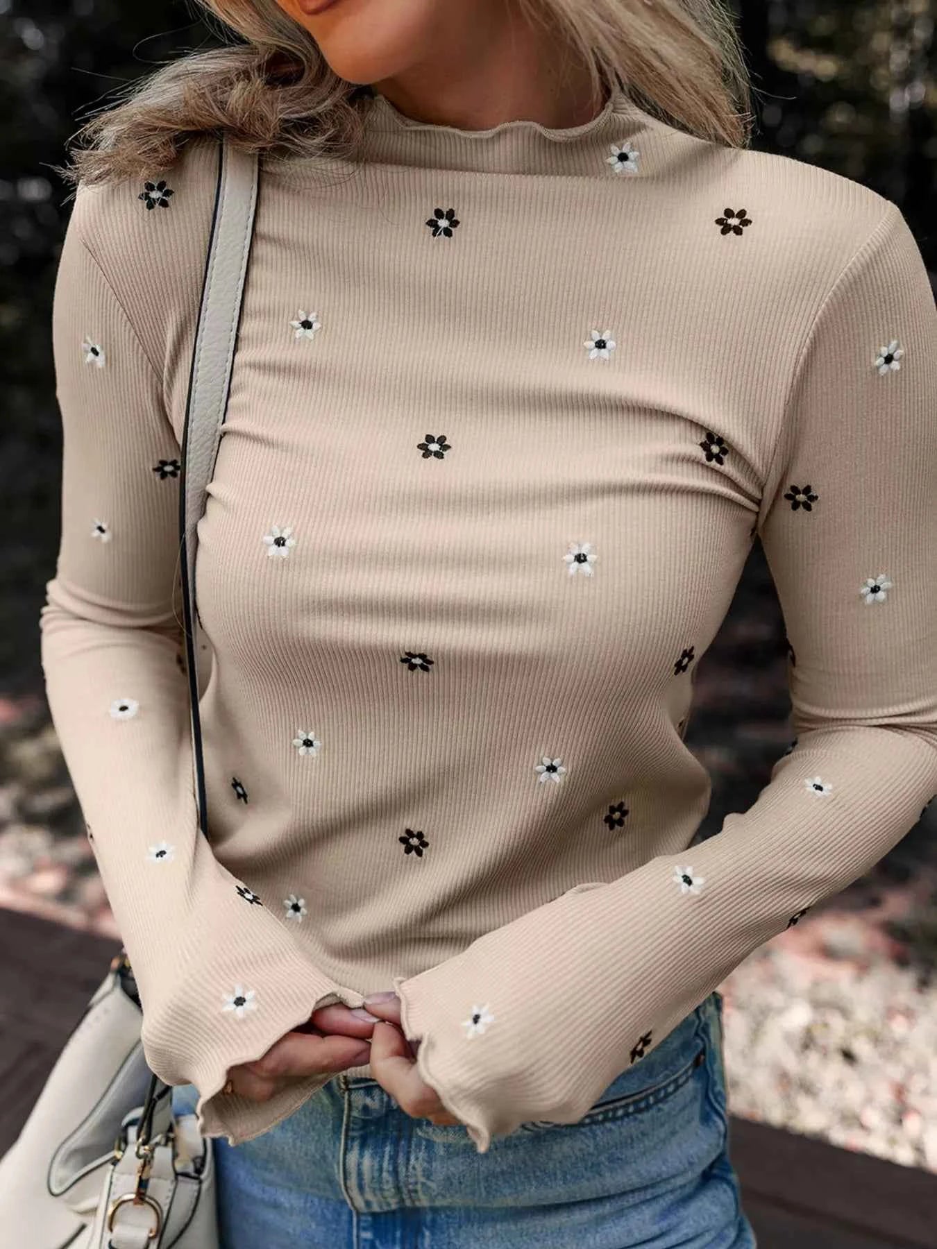Floral Embroidered Detail Ribbed Long Sleeve Top 5243ee8761ec41ea98d7c240b47d91a3-Max-Origin