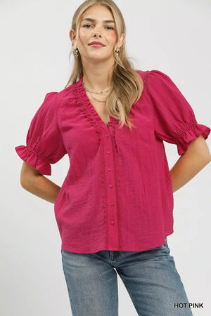 Textured Button-Front Puff Sleeve Top HOT PINK 5245434a-a436-4803-9846-05fd3dd2b804-Max-Origin