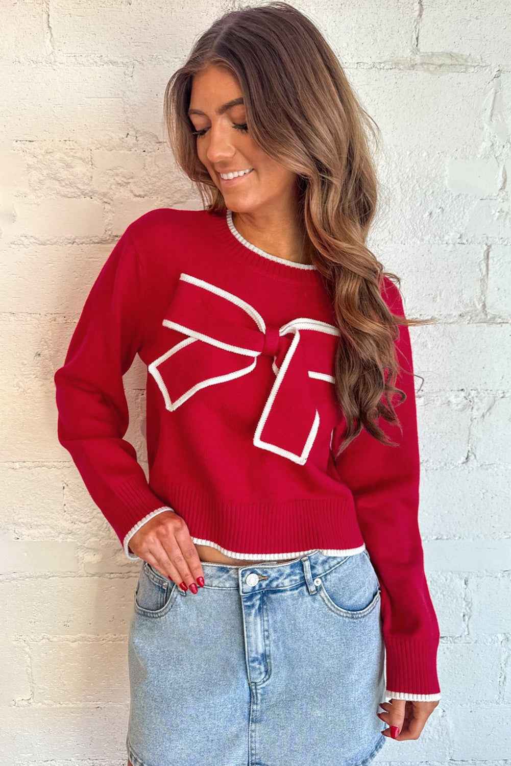 Black Contrast Trim Big Bow Accent Cropped Sweater 5245fa032c712d56