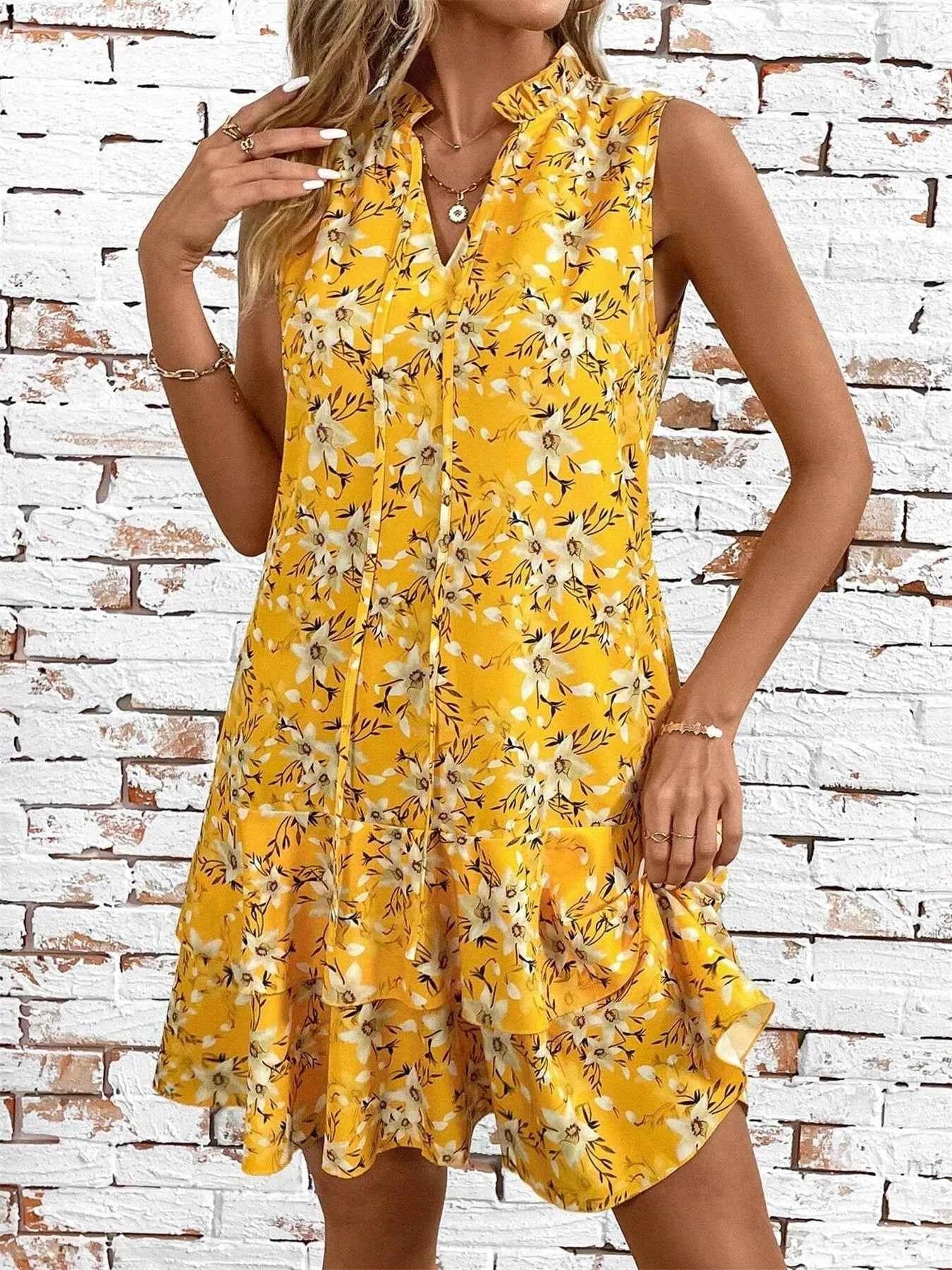 Ruffled Hem Sleeveless Mini Dress Yellow 5247ea9b920a443cb4f26b1a7ee1ae42-Max-Origin