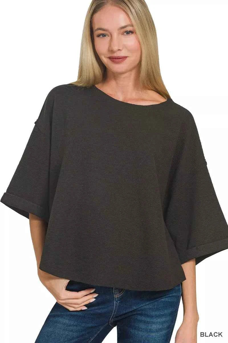Zenana Double Knit Exposed Seam Curved Hem Top BLACK 52522c7afe974f31978905378dcbc65e-Max-Origin