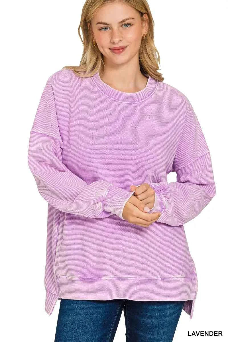 Zenana Acid Washed Double Ribbed Hi-low Sweatshirt LAVENDER 5254997718d743a7896e2ddb78fe565a-Max-Origin