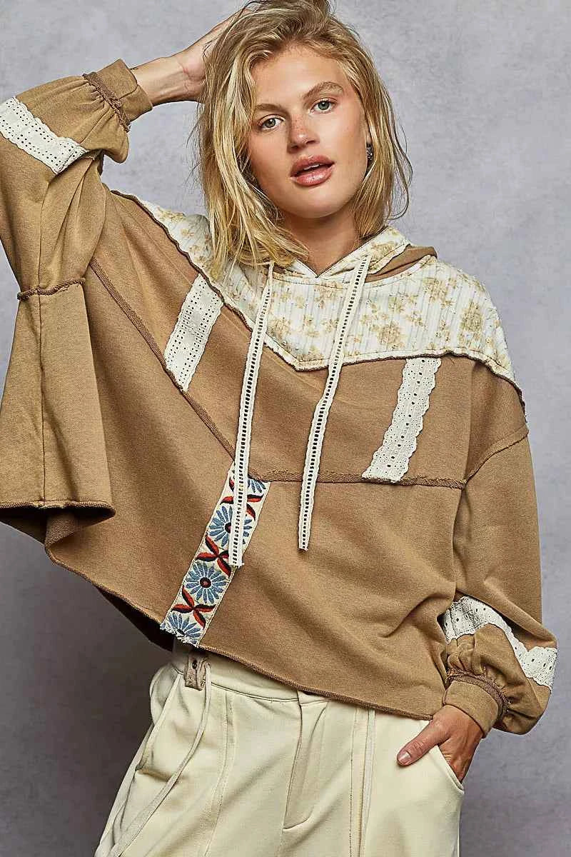 POL Drawstring French Terry Hoodie with Gauze Print Patch COCOA 5256aa51-f5cb-4e03-8877-e0b852640cc0-Max-Origin