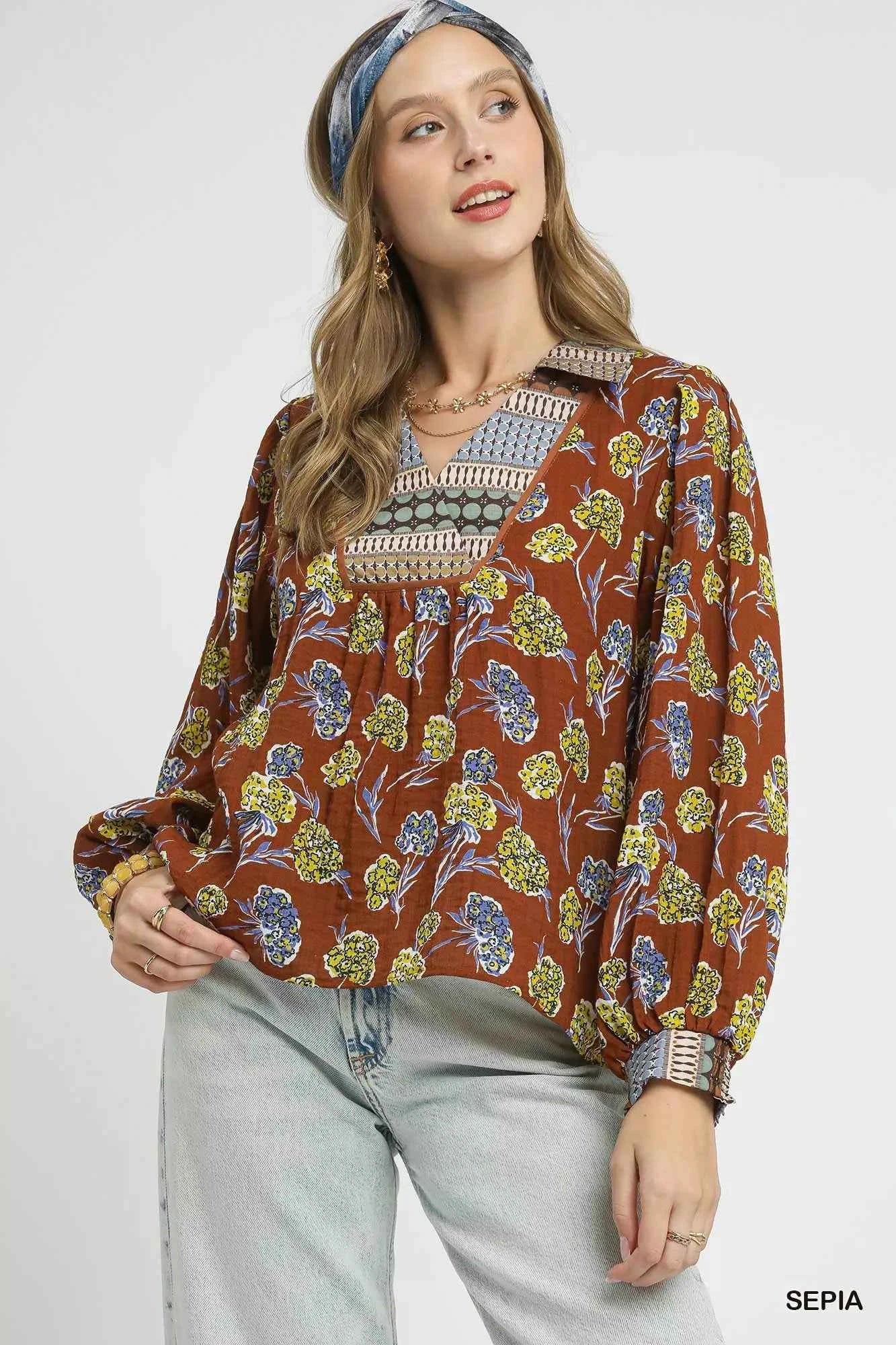 Umgee Floral Print Collar Blouse SEPIA 525f325f-265c-4ddd-90fe-aa7bcb5bd05b-Max-Origin