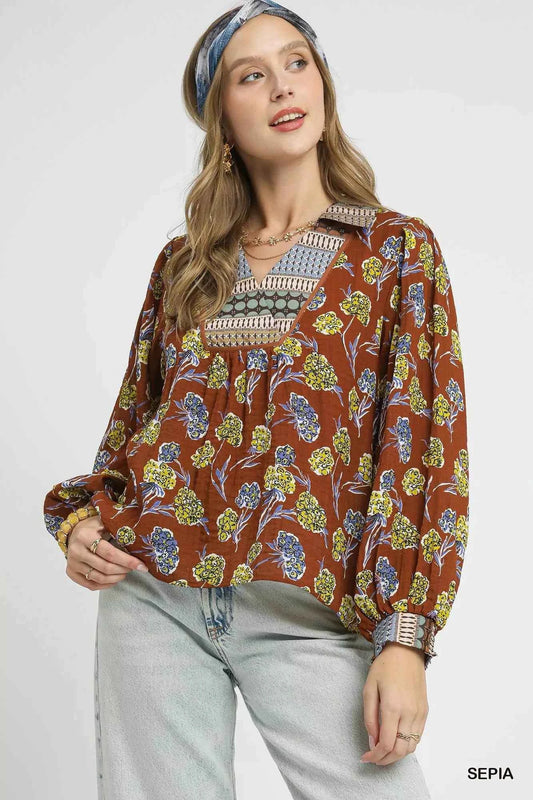 Umgee Floral Print Collar Blouse SEPIA 525f325f-265c-4ddd-90fe-aa7bcb5bd05b-Max-Origin