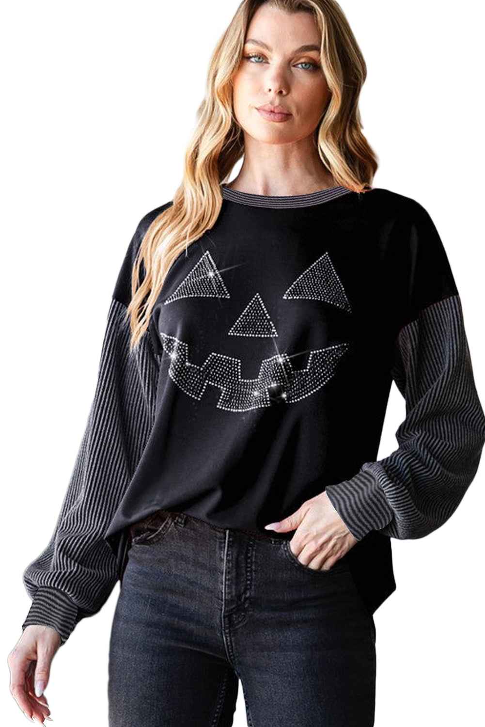 Black Halloween Rhinestone Pumpkin Contrast Ribbed Patchwork Top Black 80%Polyester+20%Cotton 525f3ed6ddd605ed