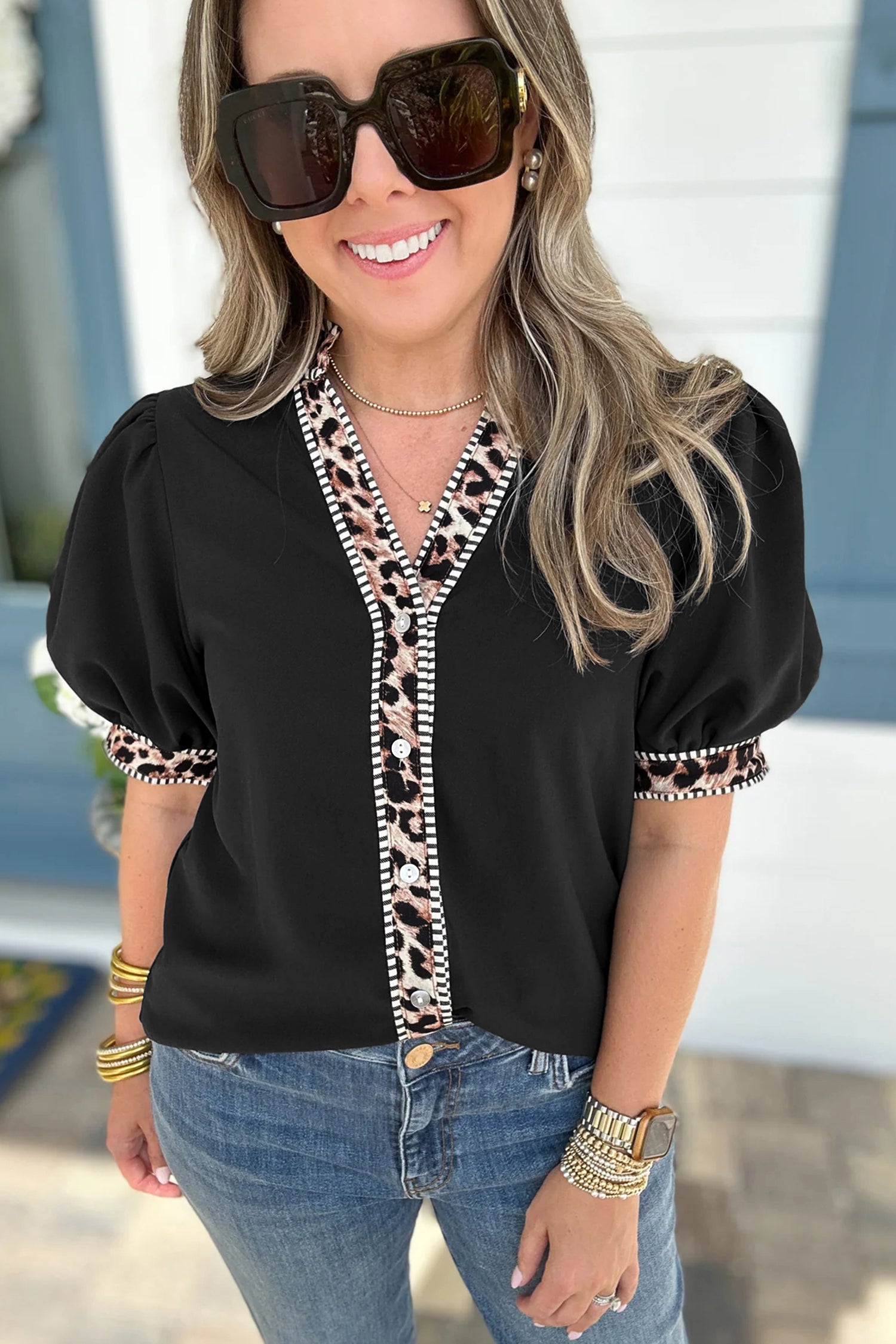 Black V Neck Short Puff Sleeve Contrast Striped Leopard Trim Button Down Shirt 525f839acb9e6cdb
