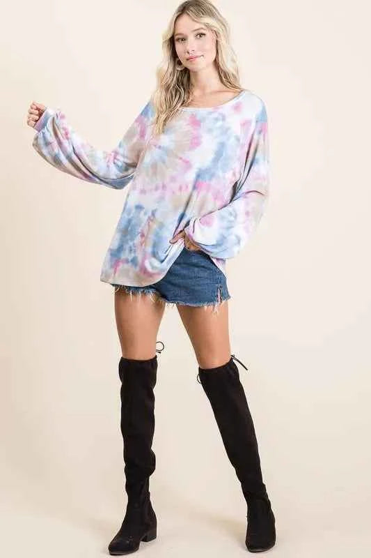 Tie Dye Print Terry Top With Puff Sleeves 526182095b154bd9bc43059984438d29-Max-Origin