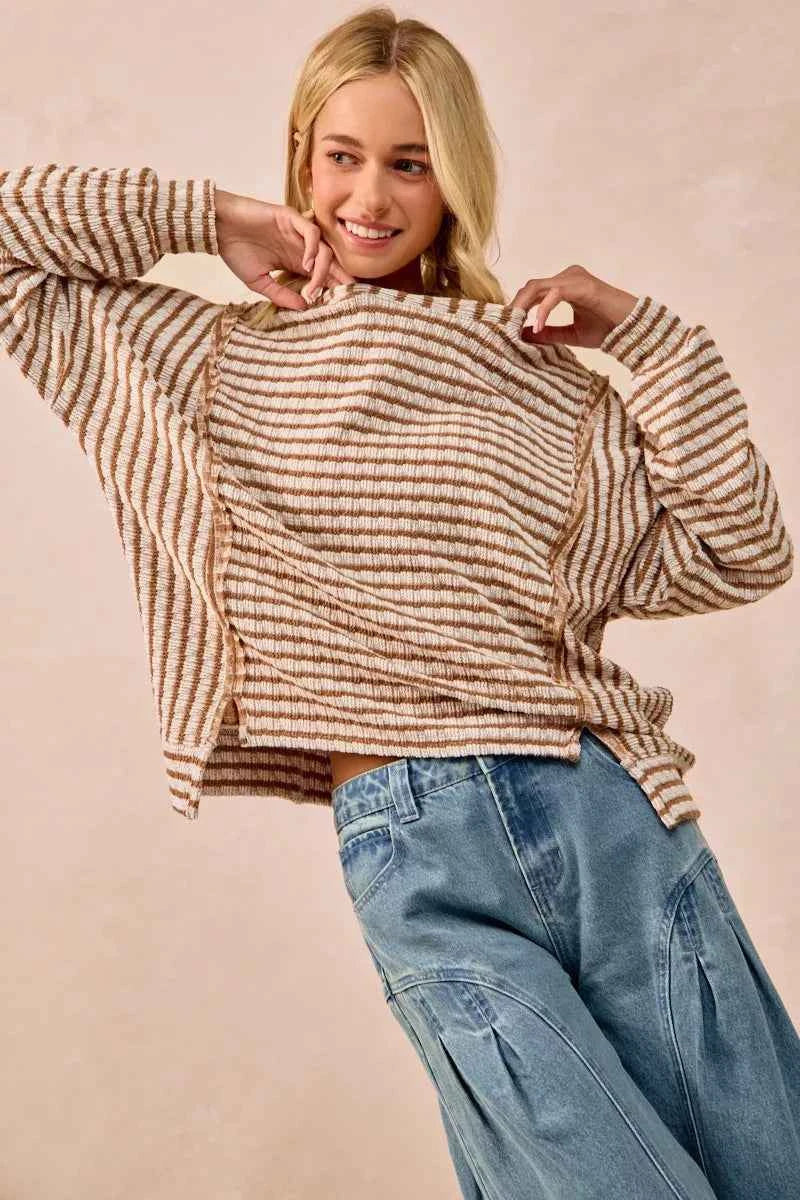 Open Seam Detail Textured Stripe Knit Top 5261e68937bd4fa981fe349e347ac112-Max-Origin