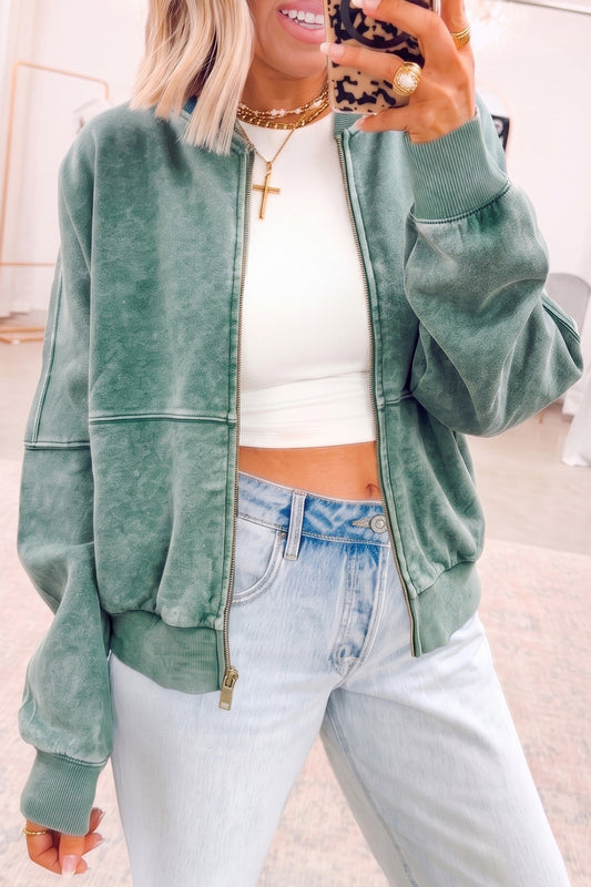 Evergreen Oversized Washed Zip-Up Open-Front Long Sleeve Hoodie Evergreen 100%Cotton 5265ac9a3a142577