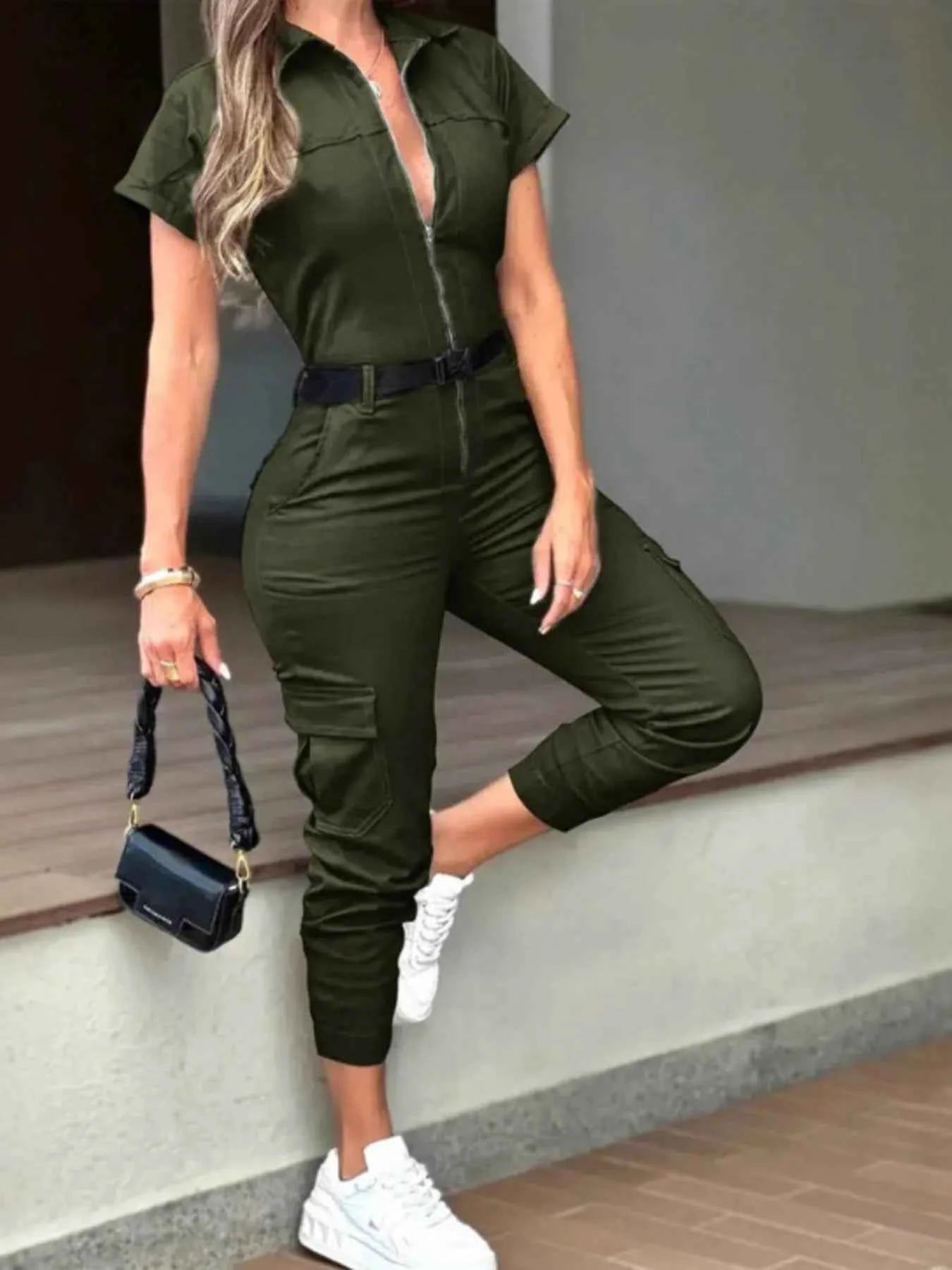Zip Front Short Sleeve Jumpsuit Army Green 5265f20ea34045938b622a9ecce8d469-Max-Origin