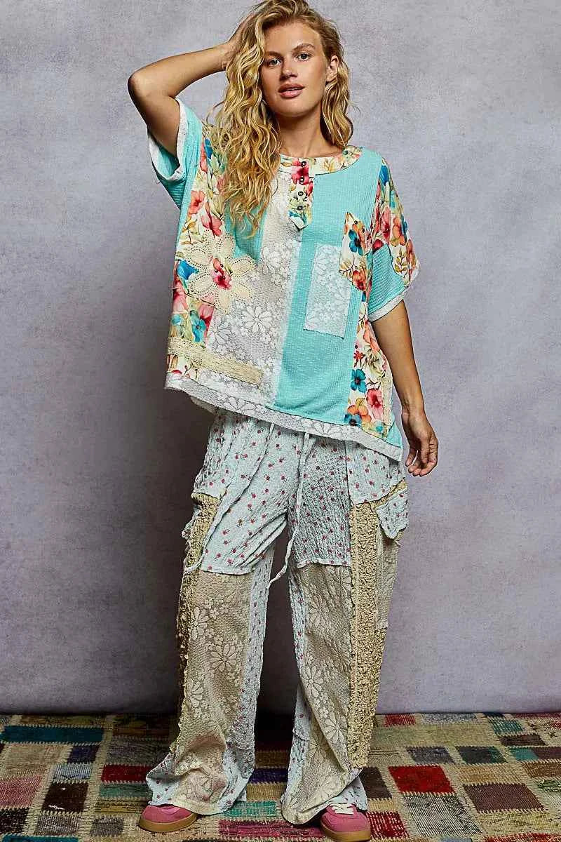 Lace Round Neck Short Sleeve Floral Pattern Top with Patch Detail 5267ea70-859c-4d59-bcc2-4aa0eb61f260-Max-Origin