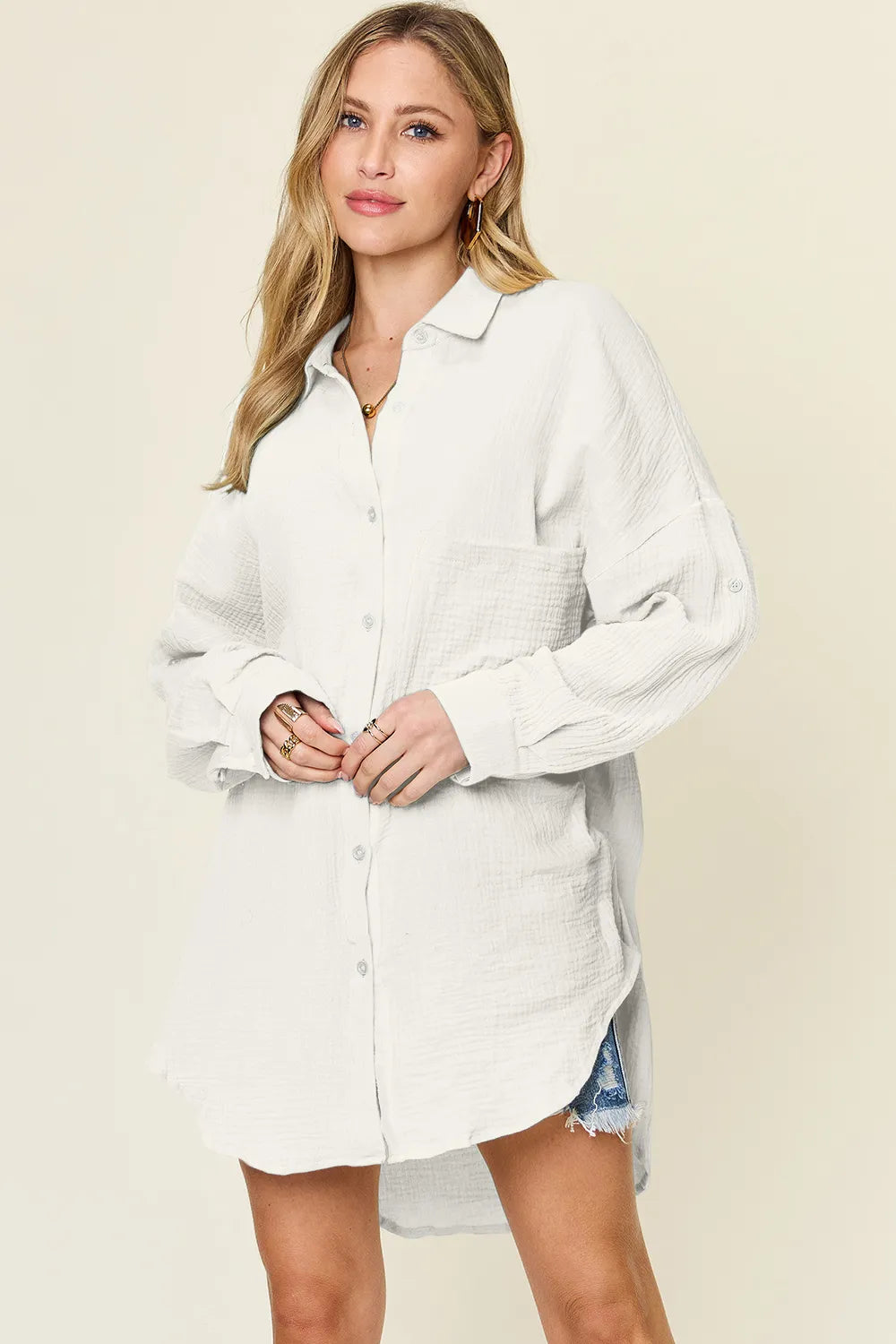 Double Take Full Size Pocketed Texture Button Up Shirt White 52694dd5-ce60-4215-ac5f-4ee56abe9b77-Max