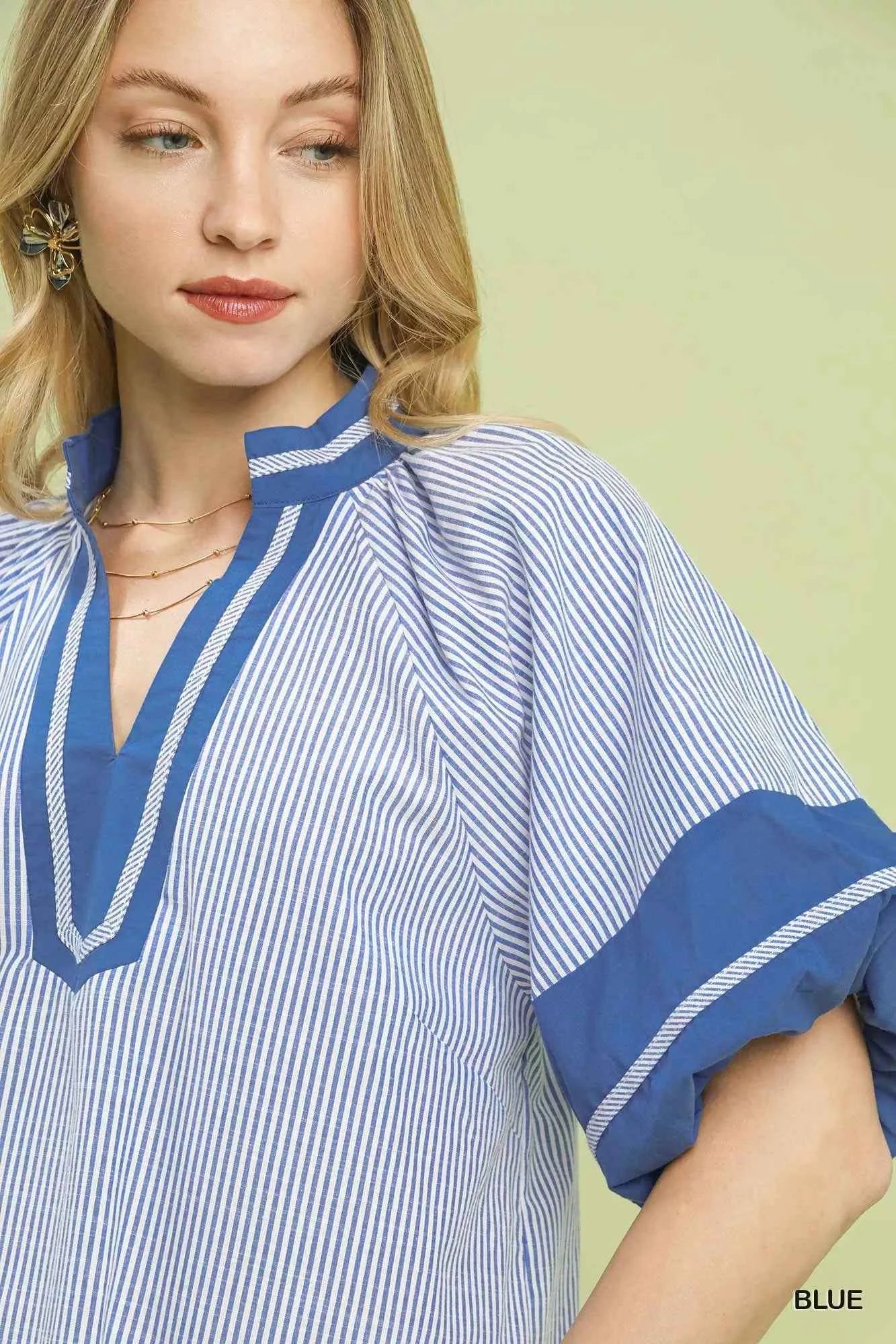 Umgee Striped Mixed Puff Sleeve Blouse 5271548c-55b7-4128-8802-94061227b449-Max-Origin