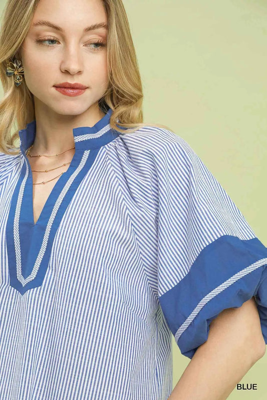 Striped Mixed Puff Sleeve Blouse 5271548c-55b7-4128-8802-94061227b449-Max-Origin