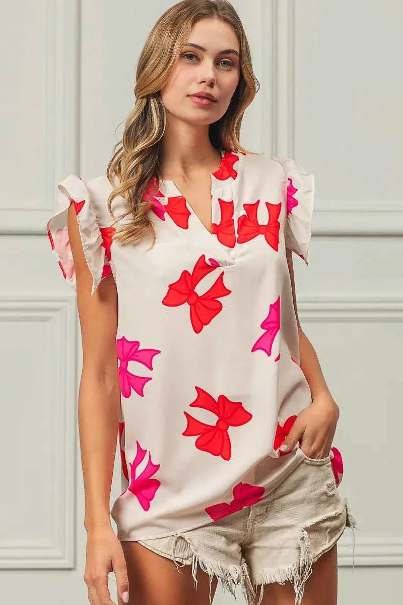 Bow Printed Woven Ruffled Sleeves V Neck Top 5274a8e7a1414826be02d693867ed9f9-Max-Origin