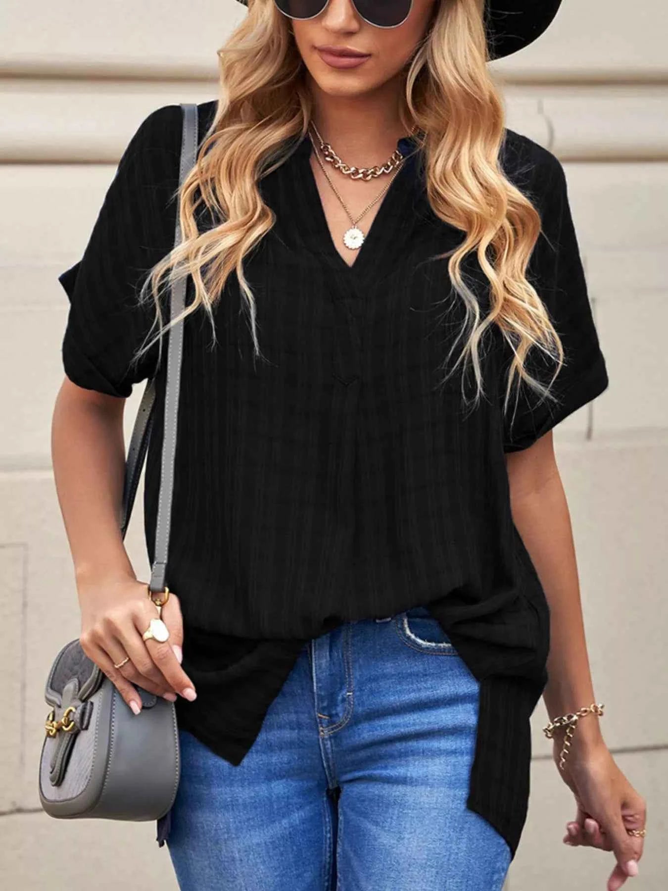 Notched Short Sleeve Blouse Black 527586d1-f74d-4336-a882-9dc7e02a0be0-Max-Origin