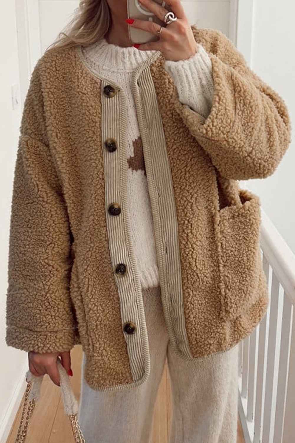 Light French Beige Puffy Plush Corduroy Edge Patchwork Jacket with Big Pockets Light French Beige 100%Polyester 52763e735b32c3c2