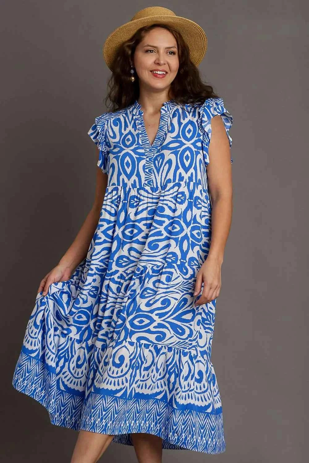 Umgee Full Size Two Tone Border Print Ruffle Cap Sleeve Midi Dress Plus Size 5278072f-7316-47df-8612-70424c22de6d-Max