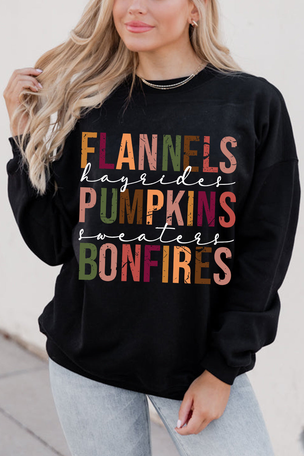 Beige FLANNELS PUMPKINS BONFIRES Graphic Drop Shoulder Sweatshirt Black 50%Polyester+50%Cotton 5278a89981dd9489