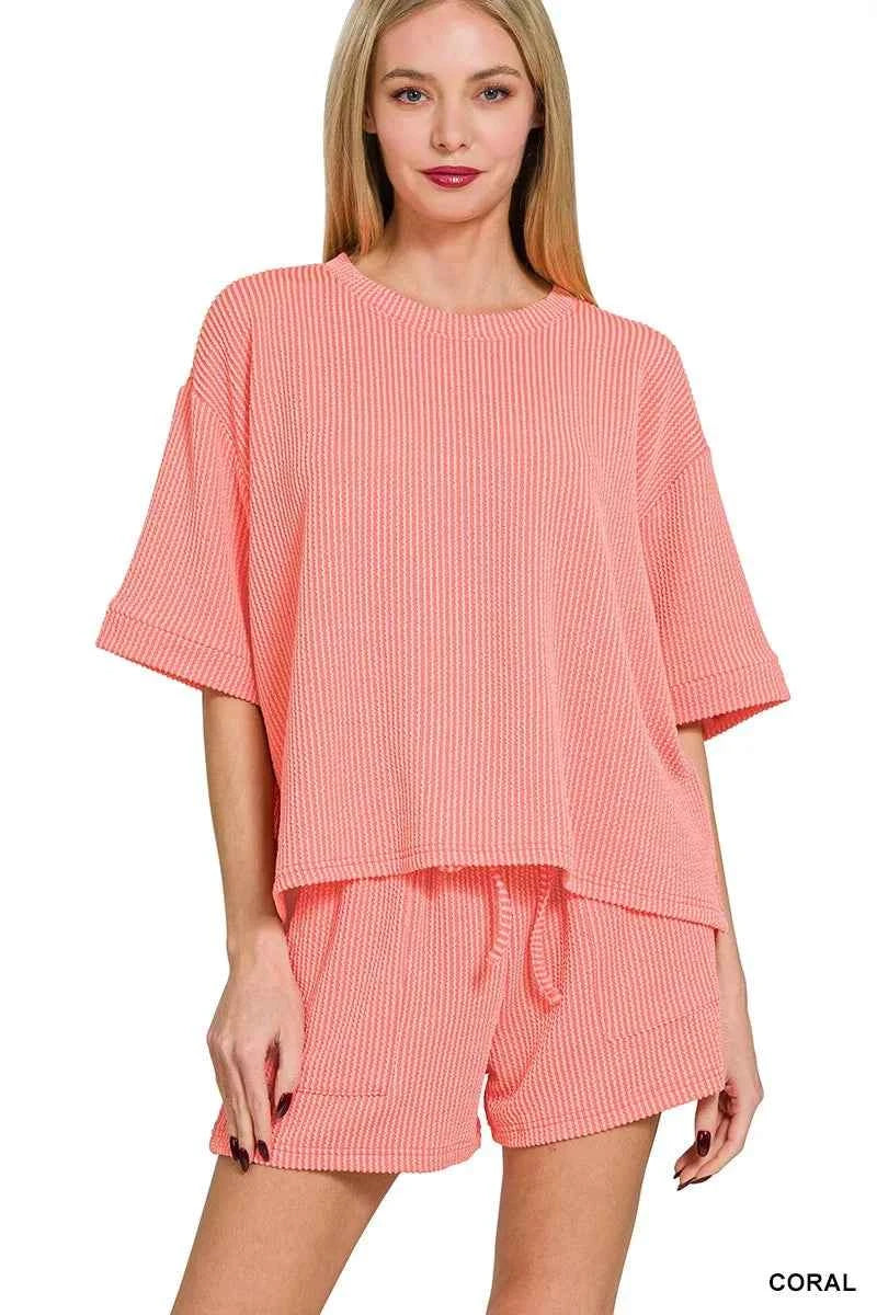 Zenana Raised Rib Short Sleeve Tee and Drawstring Shorts Set 52797db04f544cdb9b50263d3c994ec4-Max-Origin