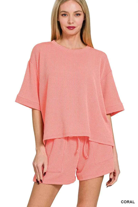 Raised Rib Short Sleeve Tee and Drawstring Shorts Set 52797db04f544cdb9b50263d3c994ec4-Max-Origin