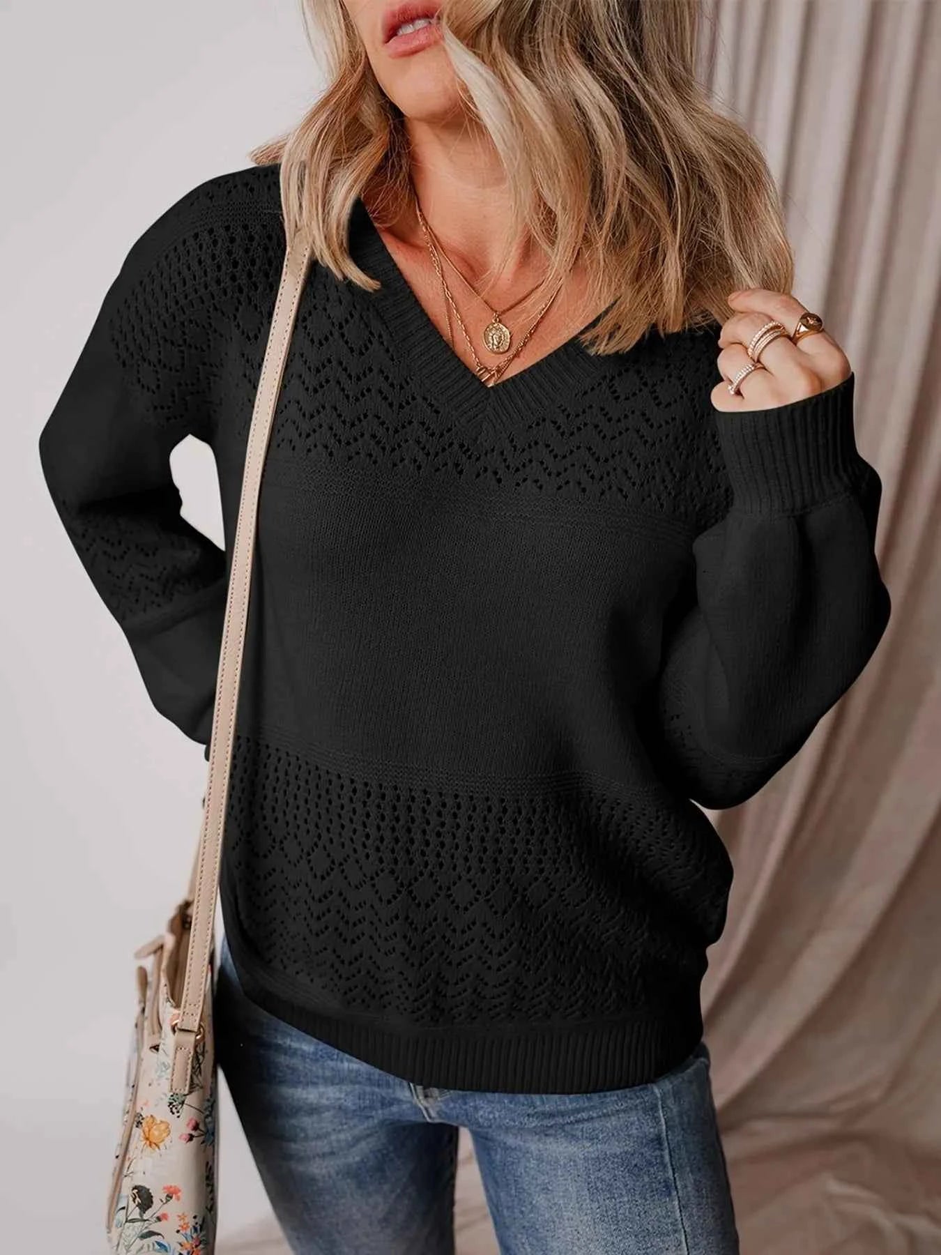 Eyelet Deatil V-Neck Long Sleeve Sweater 527a10f990a34aefa27a41e15545ee17-Max-Origin