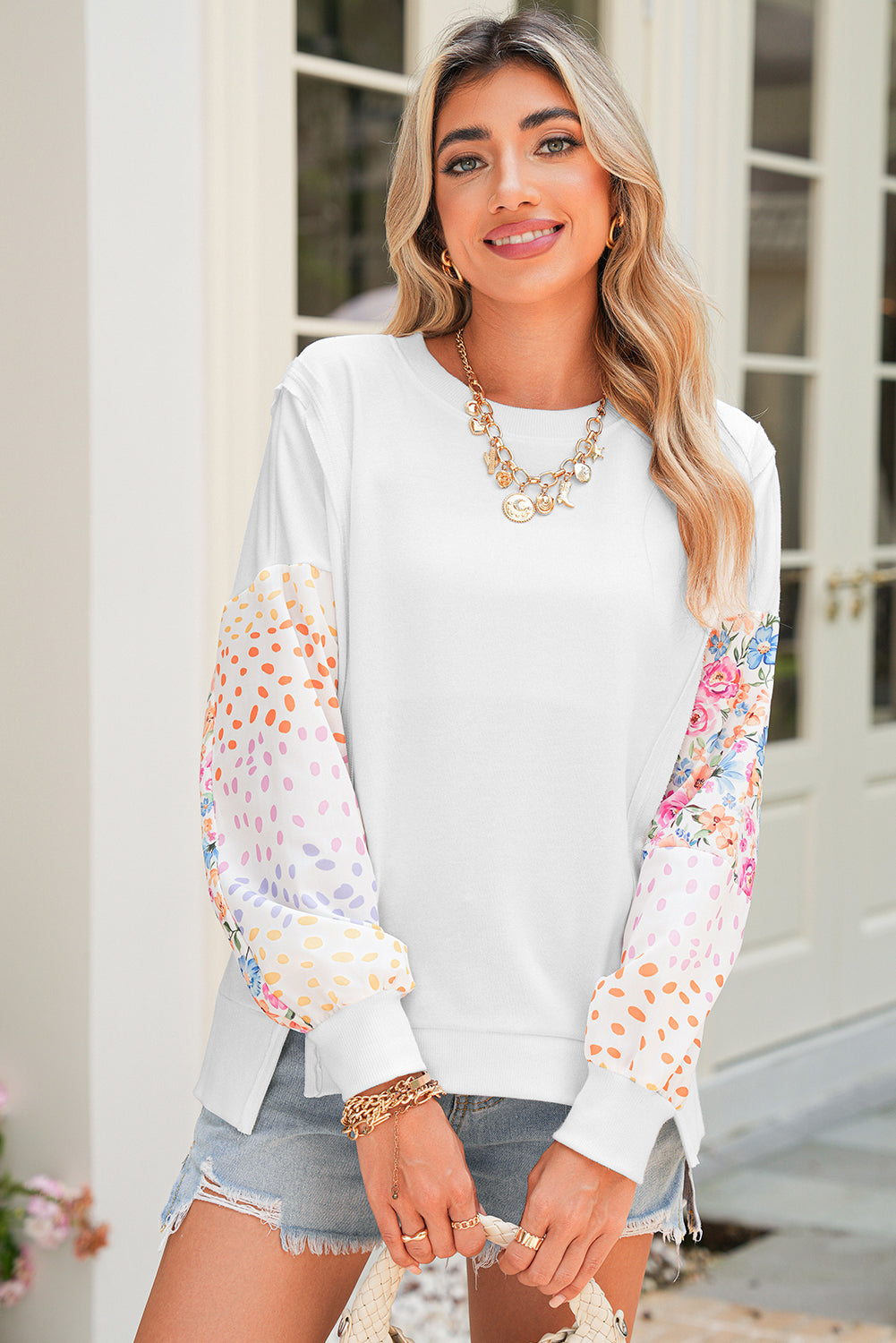 White Floral Dotted Print Patchwork Sleeve High Low Sweatshirt 527c84d670bc51c0