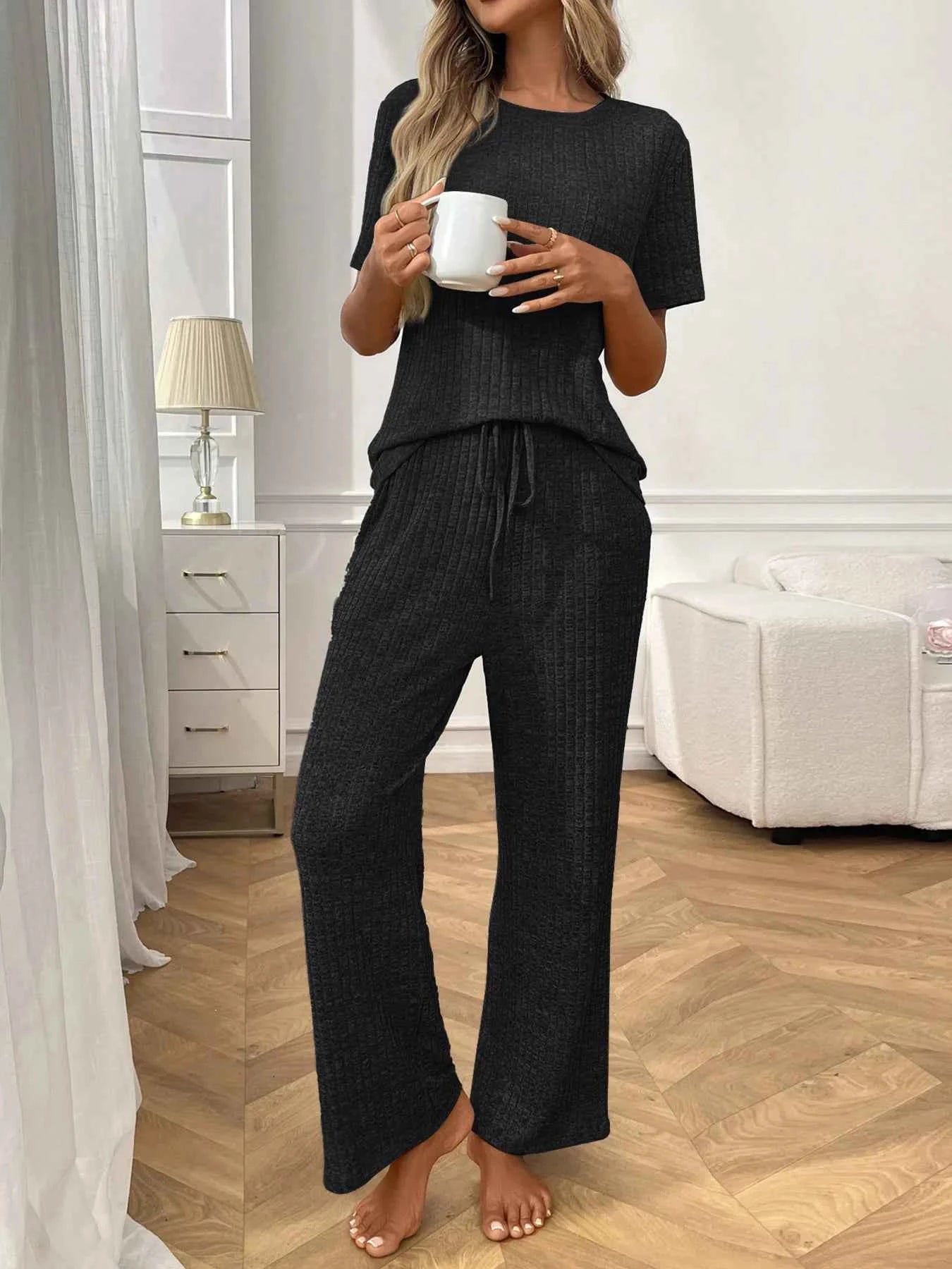 Ribbed Knit Short Sleeve Top and Pants Lounge Set 5283811edbb74f828f6b8d17d3eb0127-Max-Origin